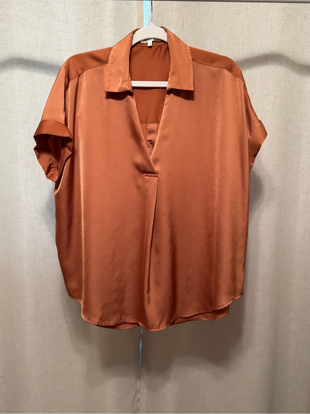 Split-Neck Short Sleeve Blouse - Rust